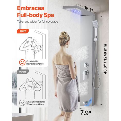 Colonne de douche avec pommeau de douche effet pluie, système de panneau de douchette mural LED en acier inoxydable brossé de 1345 mm, robinet à 5 fonctions, avec douchette et bec de baignoire (1/5)