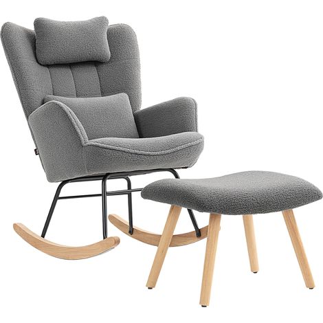 Fauteuil à bascule avec repose-pieds, revêtement en polaire douce, pieds en bois, coussin, dossier haut, gris foncé (1/5)