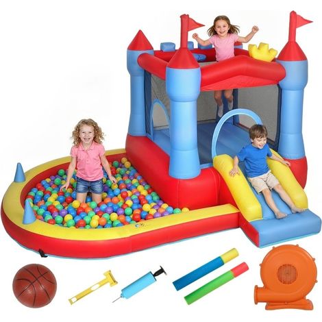 Château gonflable avec soufflerie, toboggan, trampoline, bassin et piscine à balles, pistolet à eau, 342×255×209 cm, couleur bleue