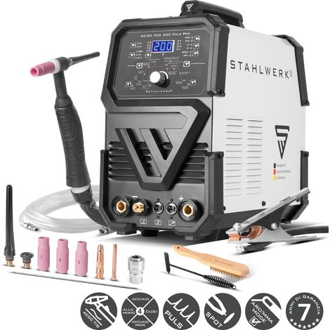 STAHLWERK Saldatrice AC/DC TIG 200 Puls Pro – Inverter combinato 200 A, funzione MMA, funzione Pulse, memoria lavori, Hotstart, Anti-Stick, tecnologia IGBT, per alluminio