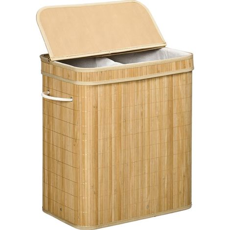 Panier à linge en bambou avec couvercle et poignées capacité 90 litres avec 2 sections et un sac amovible en tissu - 54,2 x 35,2 x 59,5 cm (1/5)