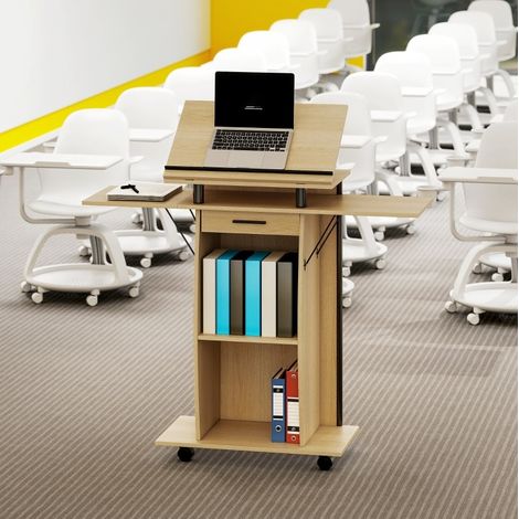 Pupitre mobile largeur réglable 45.5-126 cm chêne en bois avec plateaux rabattables et plateau inclinable (1/5)