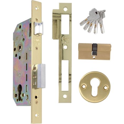 Serrure à encastrer Mod.340 avec Cylindre de sécurité et Serrure + 5 clés pour Portes en Bois d'entrée Poignée réversible pour poignées de 8 mm Acier laitonné (1/3)