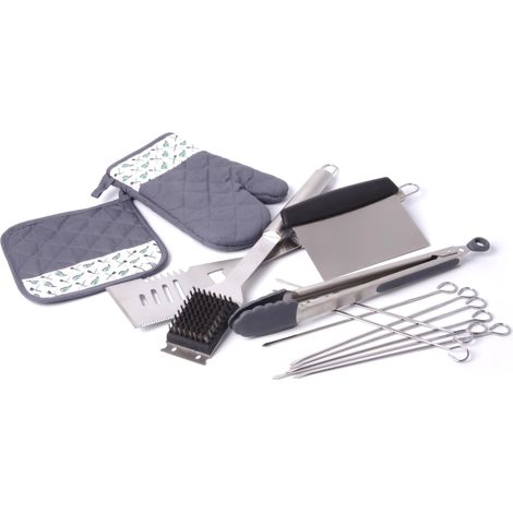 KIT Barbecue : 8 brochettes INOX 25cm + Brosse et grattoir + Pelle XL INOX + Gant Coton + manique Coton + Pince BBQ Silicone + Coupe légumes plancha (1/5)