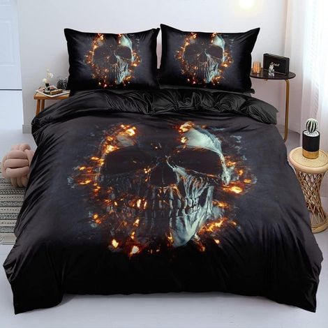 Ensemble de literie 200x220 cm tête de mort 3D Gothic microfibre avec fermeture éclair