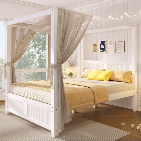 Cama con dosel 140x200 cm de pino y MDF blanco, estilo escandinavo - CHICFURN (1/5)