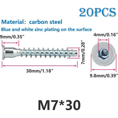 20 Pièces Vis D'Assemblage M7x30mm Vis de Connexion, Vis à Six Pans Creux, Vis de Confirmation pour Meubles, Vis à Bois pour Une Connexion Stable (1/5)