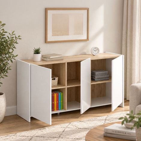 Dmora - Aparador Calino, Buffet para salón, Aparador moderno para salón con 3 puertas, 138x42h76 cm, Blanco y Roble (1/5)