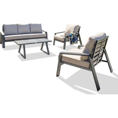 Salon de jardin 5 places aluminium gris anthracite – Coussins crème rembourrés – Table basse rectangulaire – Fauteuils L 88 cm x l 80 cm – Paris Garden (1/10)