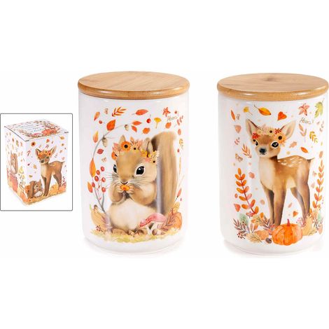Barattoli / biscottiere / contenitori portadolci alimentari da cucina in ceramica con stampa animali del bosco, set da 4 pezzi, Ø 10 cm x 15,5 H