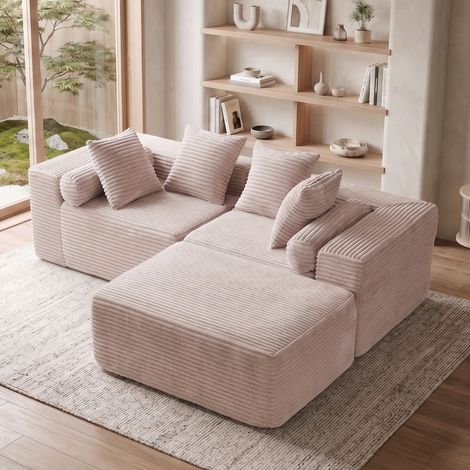 Canapé d'angle modulaire en tissu chenille beige, fauteuil lounge en L, sofa nuage moelleux, ensemble coussins pour salon ou chambre, prêt à l'emploi sans montage. (1/5)