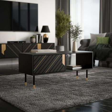 Mesa de centro, con dos compartimentos de almacenaje y puertas abatibles, elevada del suelo, 110x60 h46 cm, color negro y dorado (1/4)