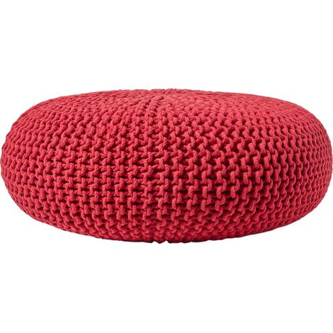 HOMESCAPES Red Large Round Cotton Knitted Pouffe Footstool
