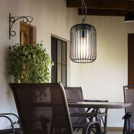 LED Pendelleuchte Außenlampe Gartenleuchte Hängelampe Edelstahl, Metallstäbe schwarz klar, E27 Filament LED warmweiß, DxH 16 x 75,5 cm