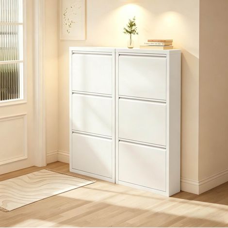 Set di 2 scarpiere in metallo bianco 50x15x106 cm, 3 ante a ribalta - CHICFURN (1/5)