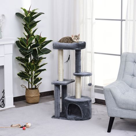 Árbol rascador para gatos adultos, castillo para gatos de varios niveles con caseta, percha y 2 estantes, blanco y gris, 48x35x100cm