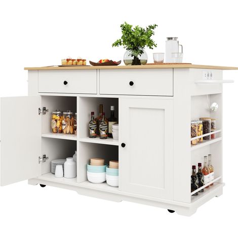 Îlot de cuisine avec rangements, chariot de cuisine équipé de multiprises, meuble buffet blanc avec plan de travail, desserte en bois veiné, vaisselier roulant pour service et repas. (1/5)