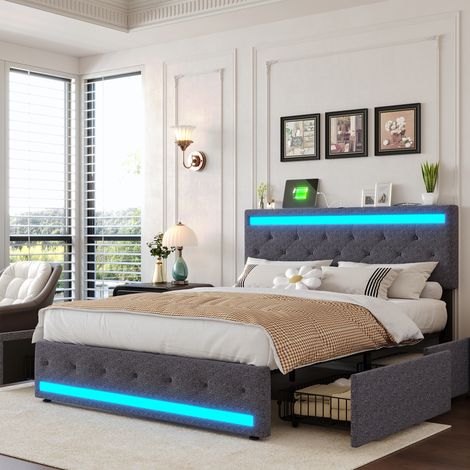 Lit double capitonnée 140x200 cm avec 4 tiroirs, éclairage LED et ports USB, Tête de lit réglable avec sommier à lattes en bois, adapté adultes et adolescents, Lin, Gris (1/5)