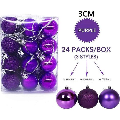 BSJJY Lot de 24 boules de Noël fines, 3 styles différents, 3 cm de diamètre, incassables (en boîte), violettes (1/2)