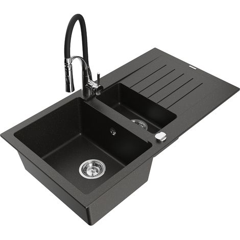 Mexen Matias Granitspüle 1,5-beckig mit Abtropffläche und Küchenarmatur Aster, schwarz/gold metallic - 6502-75-73450-07 (1/5)