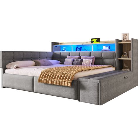 Lit banquette 140x190 avec 2 tiroirs, niche de rangement, banc coffre au pied, ports usb et type-c, éclairage led, structure bois, velours, gris foncé (1/5)