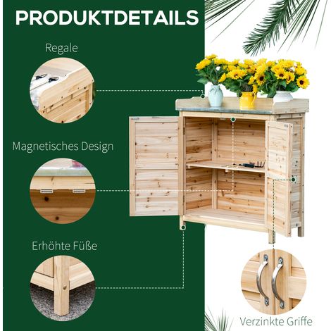 Armoire de jardin 2 compartiments, plan de travail métal avec rebord, bois naturel, 83 x 40 x 92 cm (1/5)