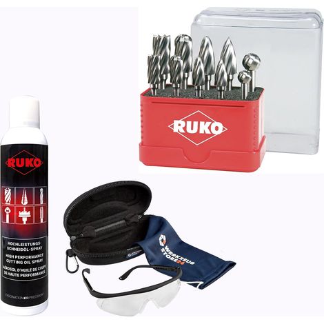 RUKO Fresa de metal duro juego HM, 10 pzas, vástago cilíndrico, corte cruzado a la derecha incl. spray y gafas de protección - WZS116002