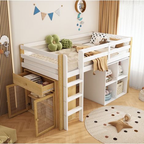 Bett Hochbett Stauraum 90x200 Massivholz Natur Weiß HAVRYA (1/5)