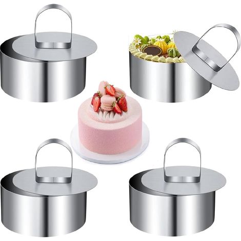 Round Pastry Cutter, Pastry Circle, Foam Moulds, 4 Pieces with Pusher Circles Presentation Tart Moulds, Perforated Foam Ring, Stainless Steel Cookie Cutter (1/5)