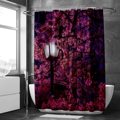 Rideau de douche motif lac et collines verdoyantes, polyester imperméable, 90x180 cm (1/5)