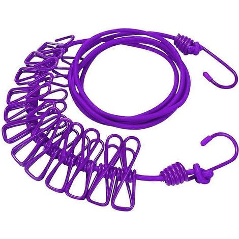 VioletÉtendoir à linge portable de voyage avec 12 pinces (1,8 m), corde à linge élastique coupe-vent pour le camping, l'hôtel et la maison