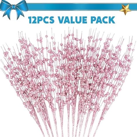 Lot de 12 tiges de baies artificielles à paillettes pour décoration de Noël, couronne, loisirs créatifs, fournitures de fête de vacances, décoration de mariage (rose) 43,2 cm (1/4)
