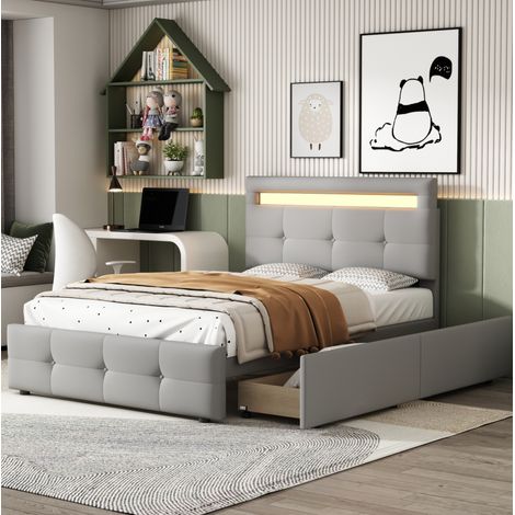 Cama tapizada clásica 90x200 cm gris, con cabecero ajustable, LED, 2 cajones y somier de láminas (1/5)