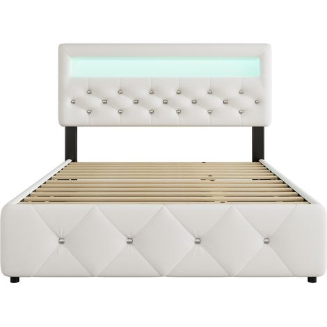 Letto matrimoniale imbottito bianco 140 x 200 cm con letto estraibile, 2 cassetti e luce LED (1/5)