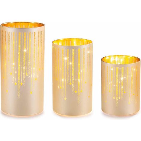 Lampes de Noël cylindre doré en verre décoré avec LED, lot de 3, grande : diam. 10 x H. 20 cm