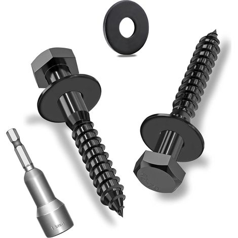 Lot de 12 vis à bois hexagonales M8 x 40 mm avec rondelles, vis hexagonales noires en acier inoxydable A2V2-DIN571, vis à clé avec rondelles et clé à douille (1/5)