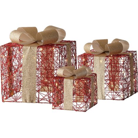 Set 3 pacchi regalo luminoso con stelle color oro e rosso per uso interno ed esterno (1/2)
