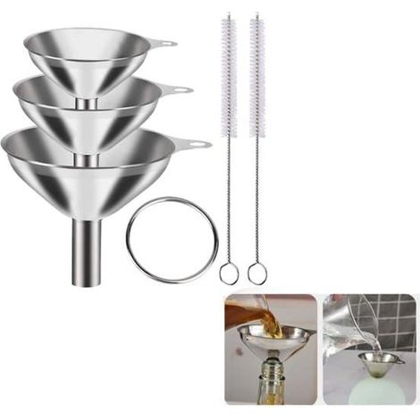 Ensemble de 5 pièces : entonnoirs en acier inoxydable (grand, moyen et petit), mini-entonnoir alimentaire pour la cuisine, 2 goupillons, cuillère à vin.