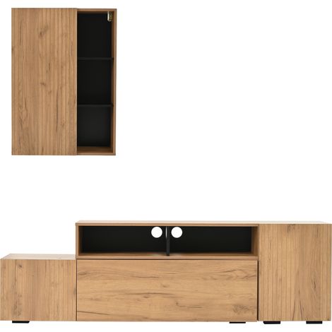Ensemble meuble TV modulable en panneaux de particules bois clair et noir, longueur ajustable 174-265 cm, pour TV jusqu'à 120", avec armoire murale (1/5)
