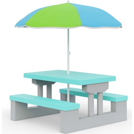 Salon de jardin pour enfants avec table et 2 bancs fixes – Parasol 100% polyester – Résistant et facile à transporter – Vert menthe – Spielwerk