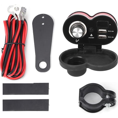 Prise allume-cigare moto 12V chargeur USB double support guidon étanche rouge (1/5)
