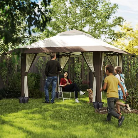 Tonnelle pliante barnum parois en filet et protection UV50+ hauteur réglable et double toit sacs de lestage 4x4m beige