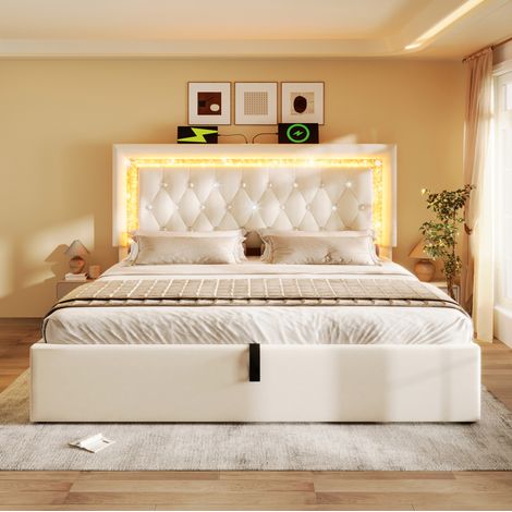 Letto contenitore 140x200 cm in velluto beige con LED, USB e Type-C HAVRYA (1/5)