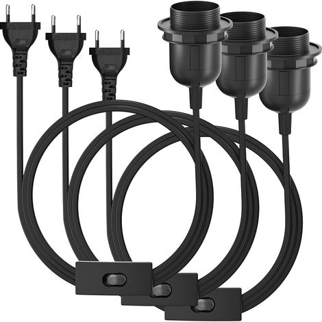 Lot de 3 douilles de lampe E27 avec câble, douille de lampe 3 m avec interrupteur avec prise européenne, douille E27 avec câble pour suspension de lampe, suspension, lampe suspendue, noir (1/5)