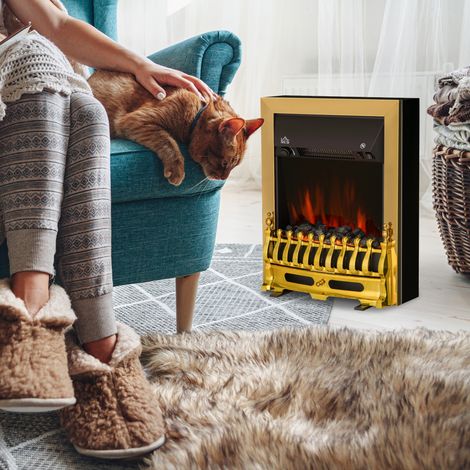 Cheminée Électrique au Sol 1000/2000 W, Foyer avec Effet de Flammes LED, Sécurité Anti-Surchauffe et Anti-Basculement, Chauffage Réglable, Couleur Doré (1/5)
