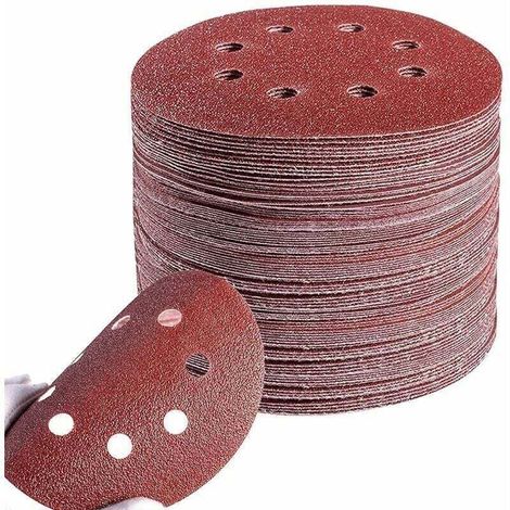 Lot de 100 Disques Ponçage Papier Abrasifs 125 mm 8 Trous Circulaire Sablé Grain p60/80/100/120/240 Disque Abrasif pour Ponceuse Excentrique Poncer, Polir, Dérouiller (1/4)
