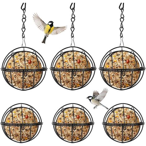 6-teiliges Vogelfutterhaus aus schwarzem Metall für den Außenbereich, 7 cm Durchmesser, 24 cm Kette, mit hängender Fettkugel für Wildvögel, Fettkugel-Futterspender für Garten und Balkon