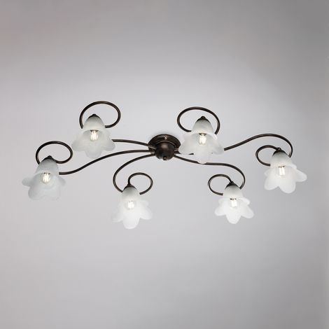 Iron Brown Gold Deckenleuchte sechs Lichter Weißglas Lampenschirme 99x50x H17 cm