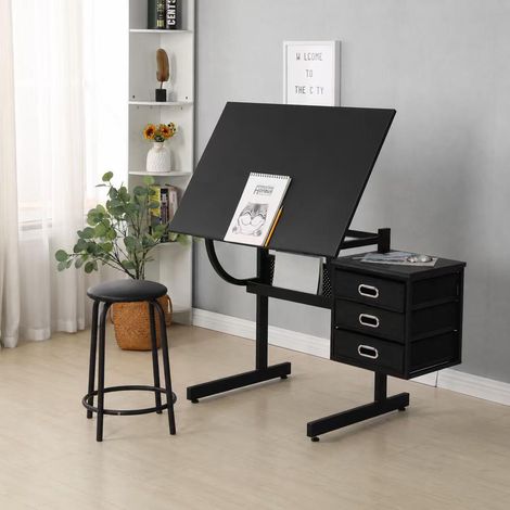 Table à dessin réglable noire avec tabouret et 3 tiroirs OKWISH (1/5)
