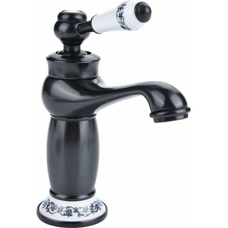 VURAHOME - Laiton Antique Céramique Lavabo Robinet Lavabo Robinet Bleu et Blanc Porcelaine Bassin Robinet Long Cou Vintage Bassin Robinet Cuisine Robinet Eau Froide/Chaude Robinet (Noir) (1/5)